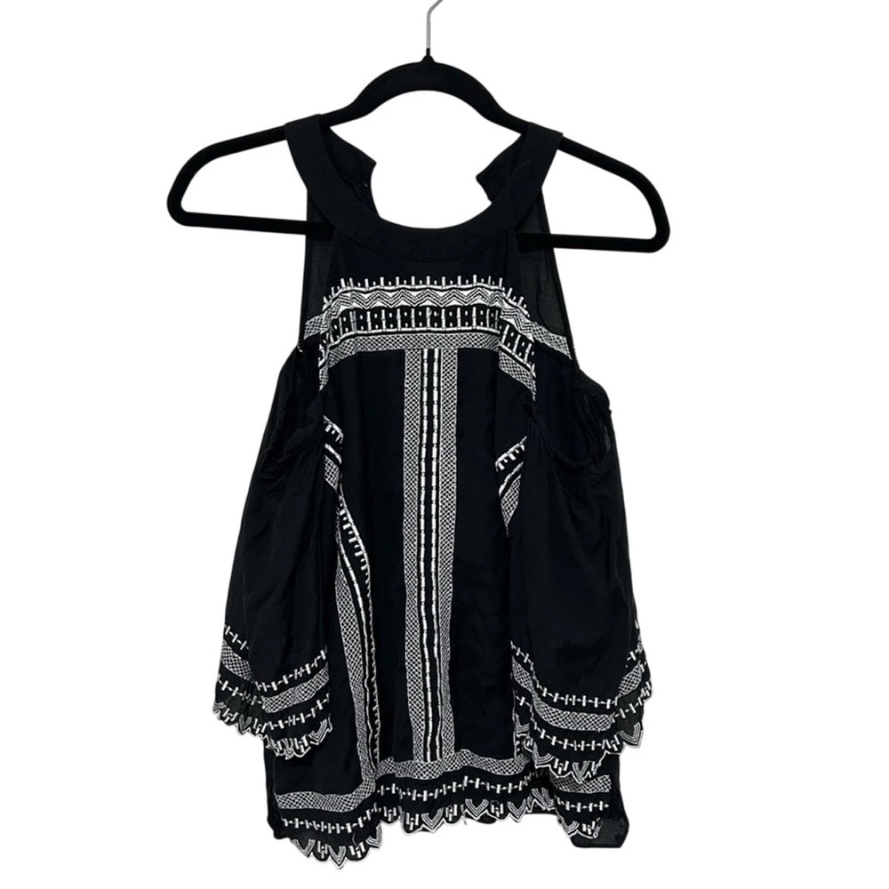 Karen Millen Black White Embroidered Cold Shoulder Blouse Size 8